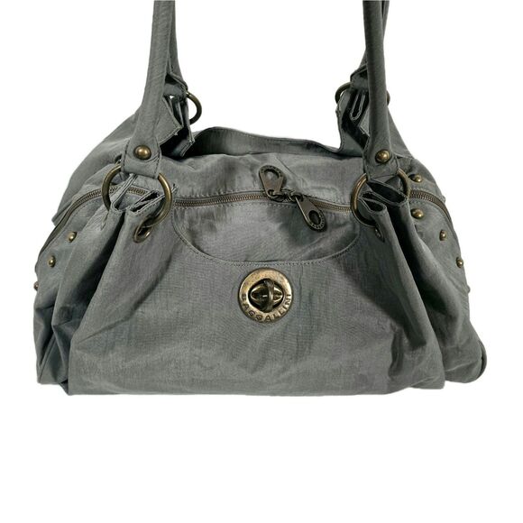 Baggallini‎ Valencia Shoulder Bag Nylon Gray Turnlock Studs Tote Travel - Picture 2 of 16